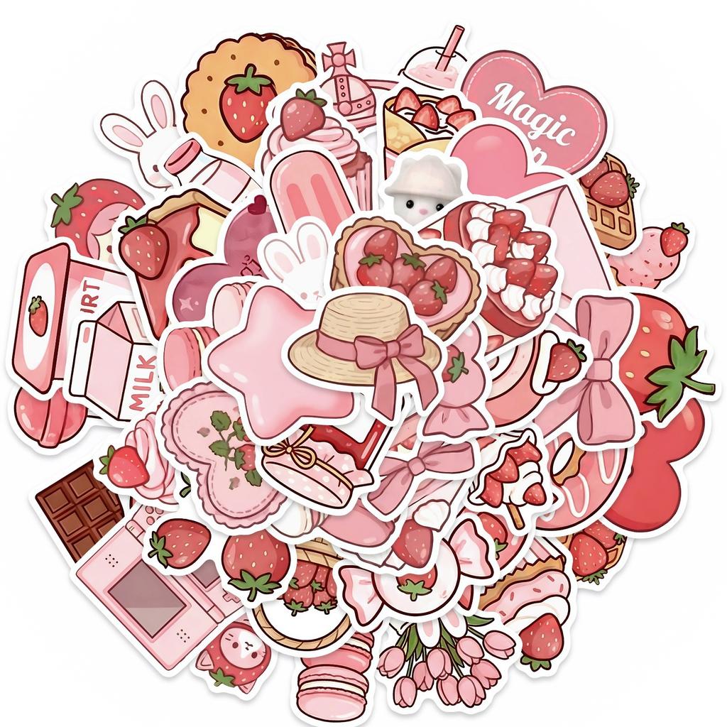 50 Cute Pink Dessert Bunny Stickers Waterproof Girl Heart Stickers Kawaii Pink Dessert Stickers