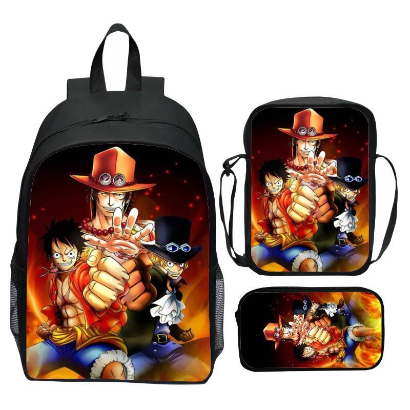 Set Zaino 3 Pezzi Stampato One Piece Cartone Animato Pirata Blu Marinaio Zaino Scuola Elementare Grande Capacità Resistente all'Acqua Zaino per Bambini