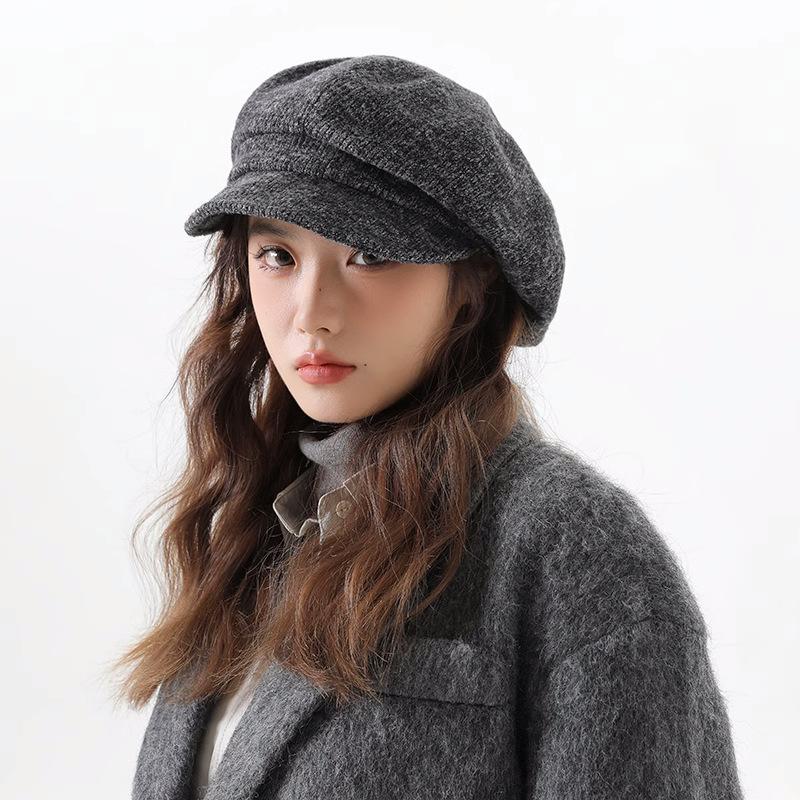 Solid Color Versatile Octagonal Hat for Women in Autumn and Winter Hong Kong Style Warm and Face Showing Little Painter Hat Newsboy Hat Trendy
