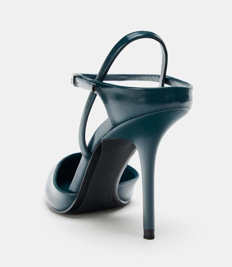 Novinka Tmavě modré Lakované Vysoké Podpatky Dámské Módní Špičatá Špička Kotníková Přezka Stiletto Sandály Luxusní Designové Společenské Boty