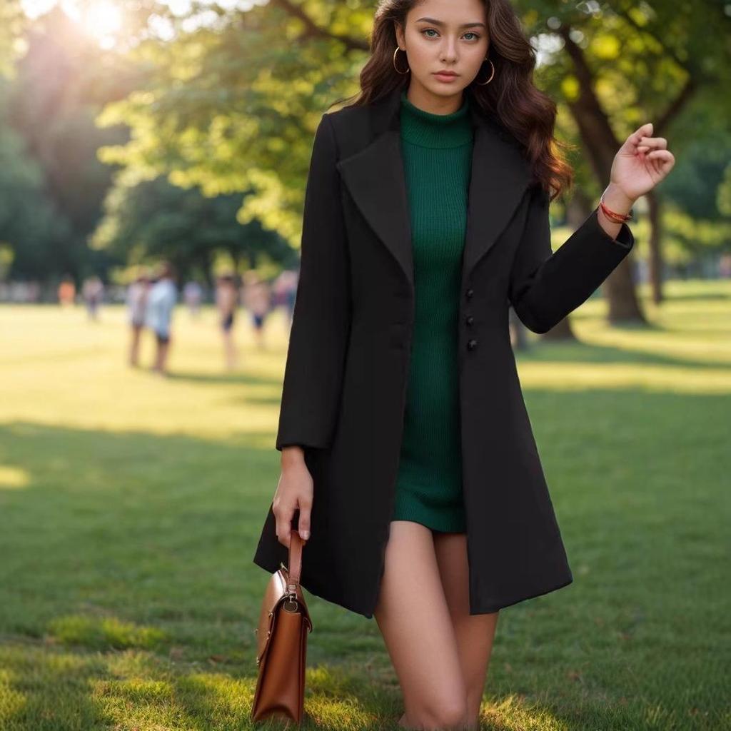 Women's Mid-Length Wool Coat with Turn-Down Collar - Slim-Fit, Solid Color, Casual Autumn/Winter Outerwear.