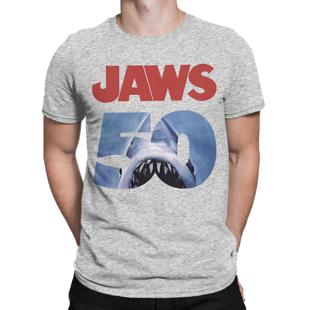 Movie Jaws 50th Anniversary Men's T Shirts  Leisure Tee Shirt Short Sleeve Round Collar T-Shirts Cotton Gift Idea Tops