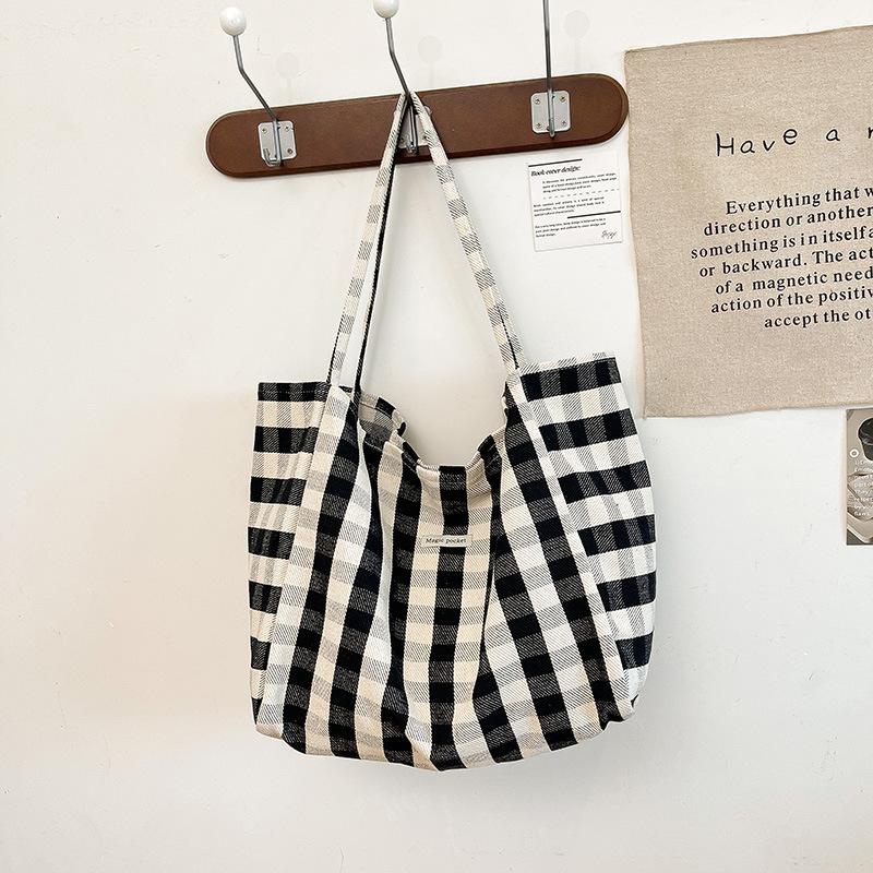 

Striped plaid canvas bag women s new trendy fashion college style tote bag large capacity shoulder bag чёрный