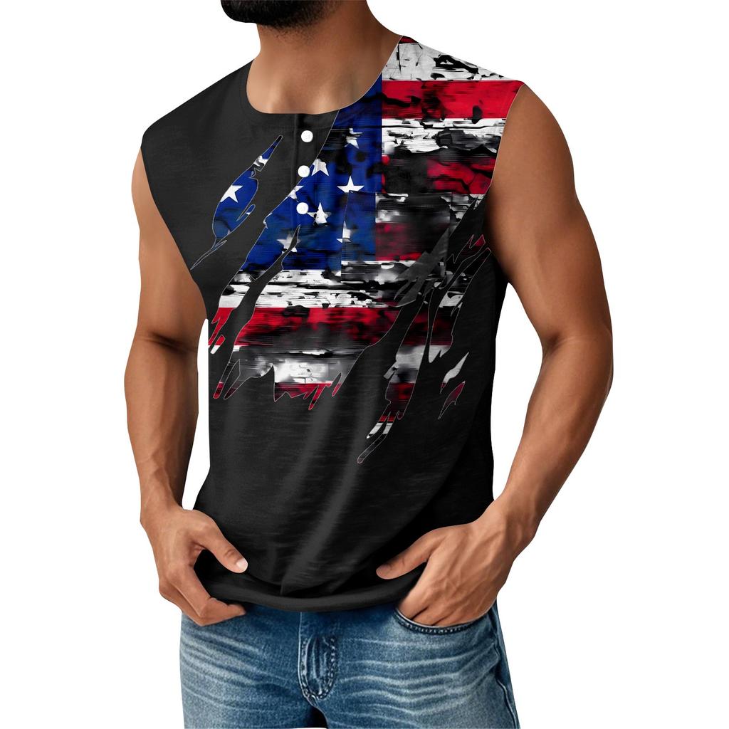 Men's Summer Independence Day Printed Sports Button Pocket Sleeveless Tank Top