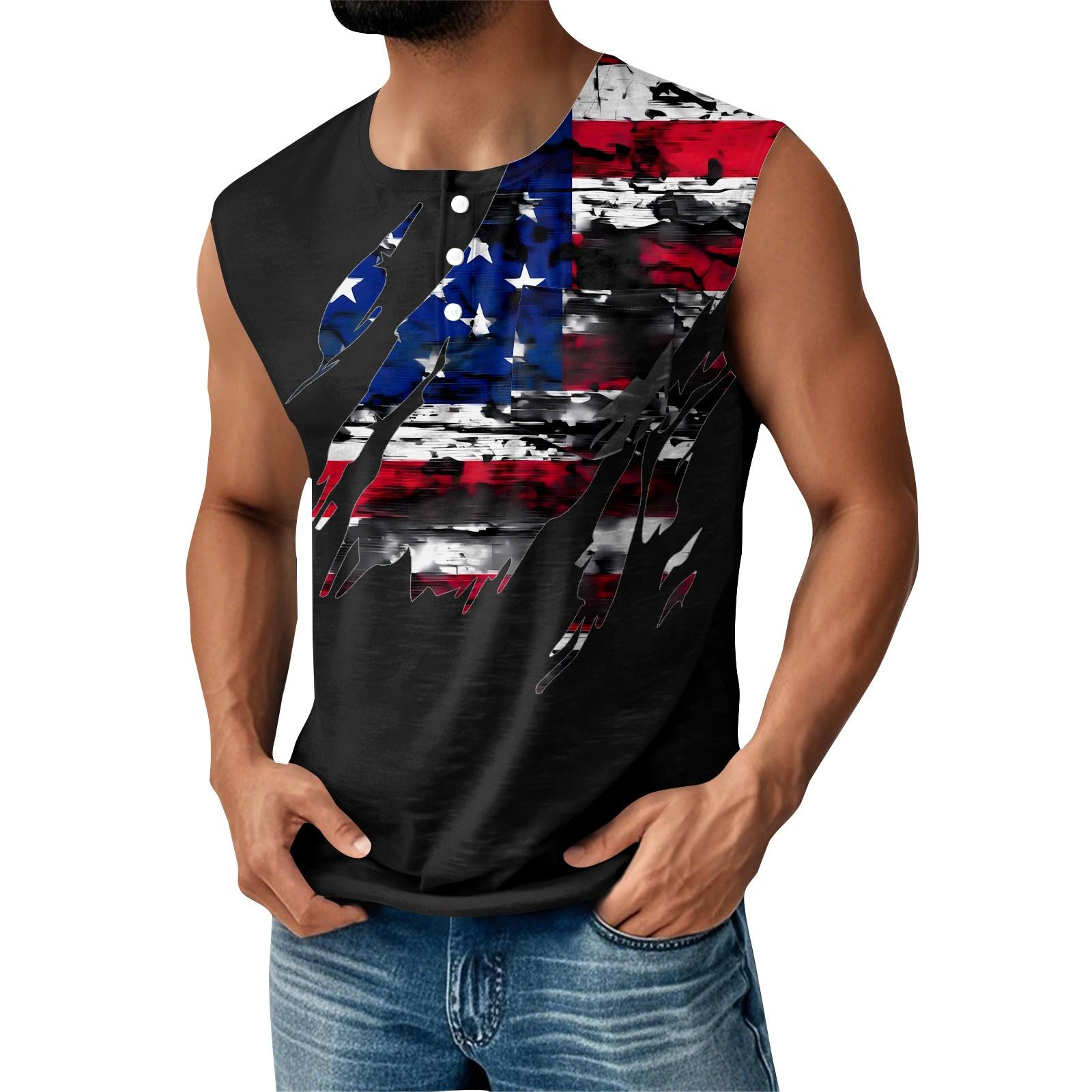 

Мужская летняя майка без рукавов с принтом ко Дню независимости, спортивная, на пуговицах, с карманом XL синий