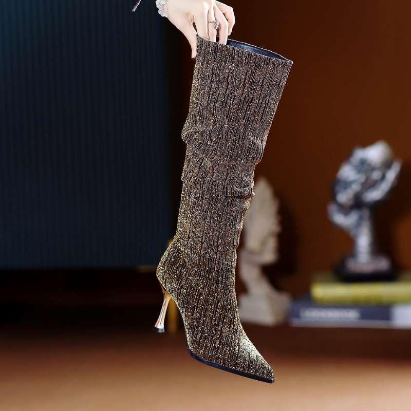 Women's New Autumn Thin Heel Single Boots Pointed Sleeve Sequin Cloth Anti-slip Wear-resistant Boots