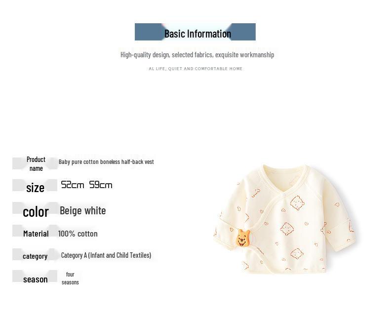 Newborn Boneless Pure Cotton Velcro Half-Back Pajamas - Spring/Autumn Style Baby Top
