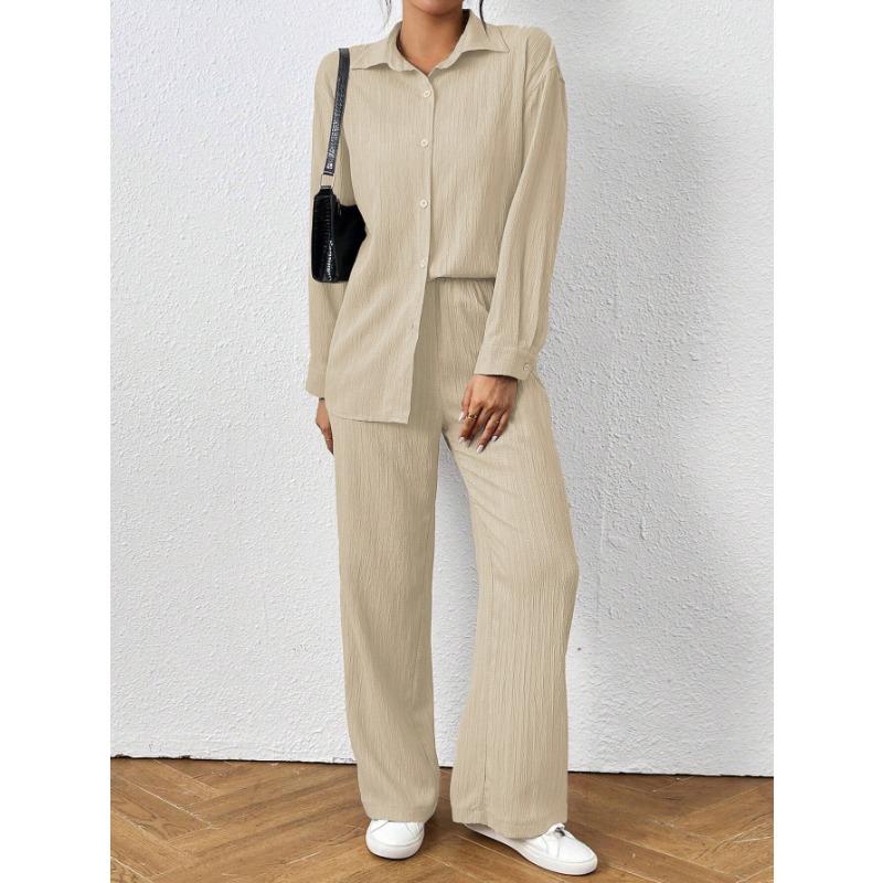 Women 2 Piece Casual Set Button Up Shirt And Elastic Waist Wide Leg Pants