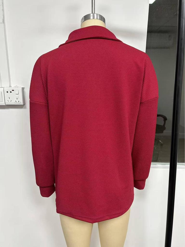 2025 European Fashion V-neck Button Waffle Knit Loose Pullover Long Sleeve Top