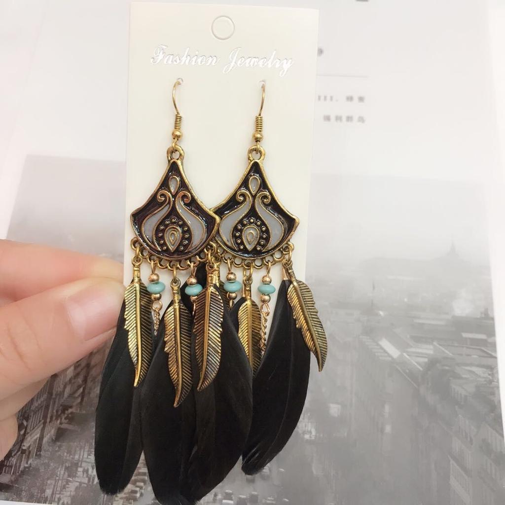 Vintage Bohemian Feather Tassel Earrings Exaggerated Ethnic Vacation Dangle Ear Jewelry Fashion Accessories For Women