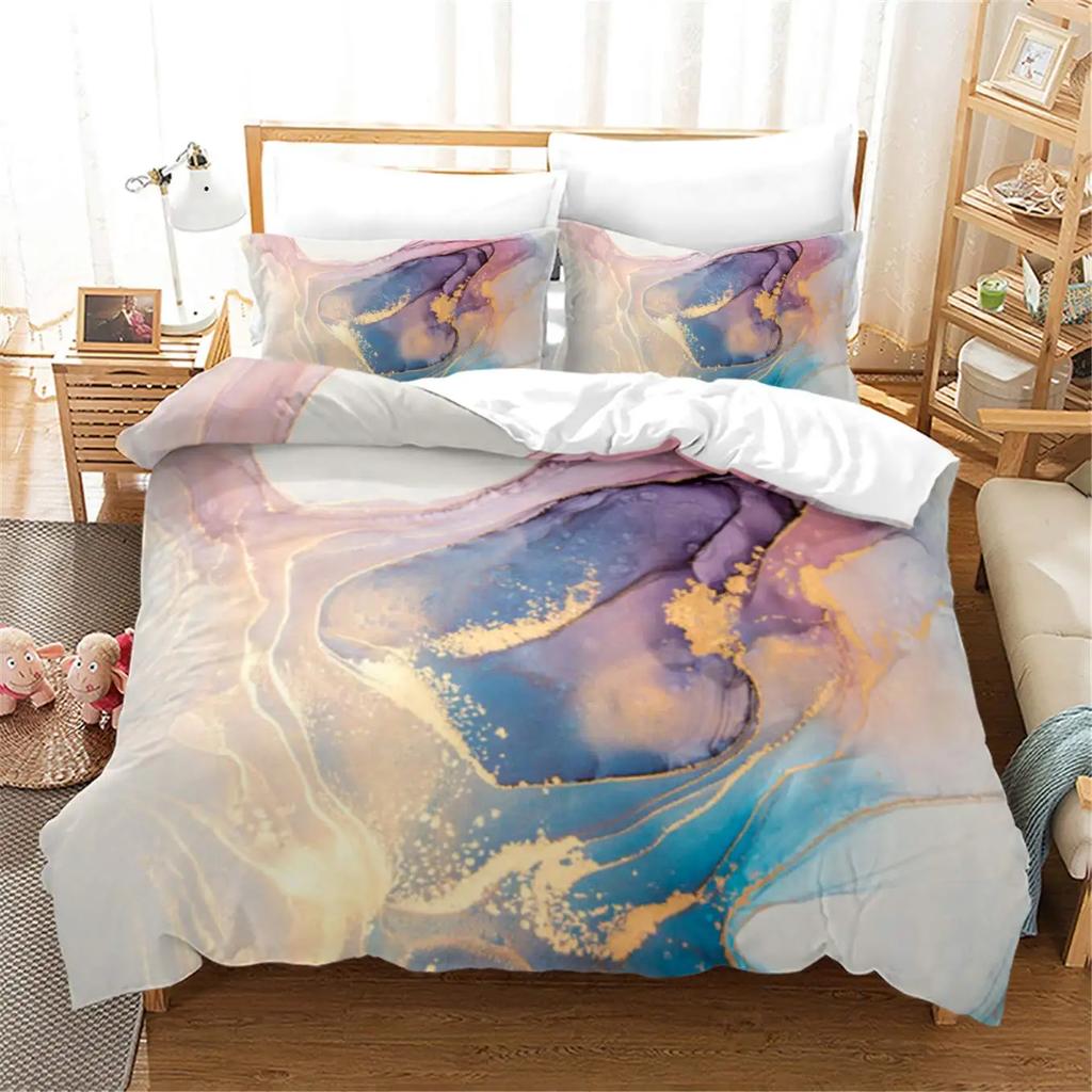 Chic Watercolour Marble Teal Blue Marble Duvet Cover Women Girl Gift Gold Fluid Stone Abstract Art Watercolor Bedspread Cover