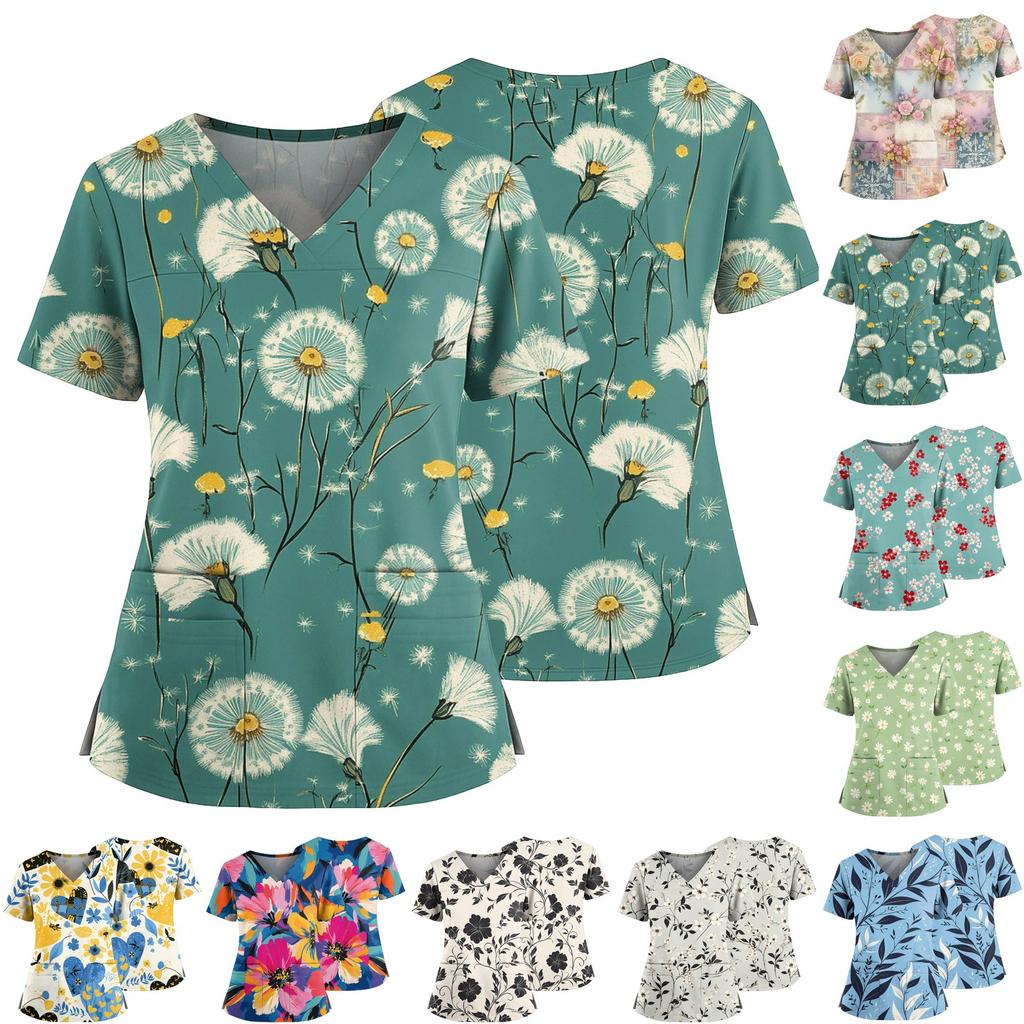 Women's Casual Printed V-Neck Pocket Side Slit Short Sleeved Top Short Sleeved Top