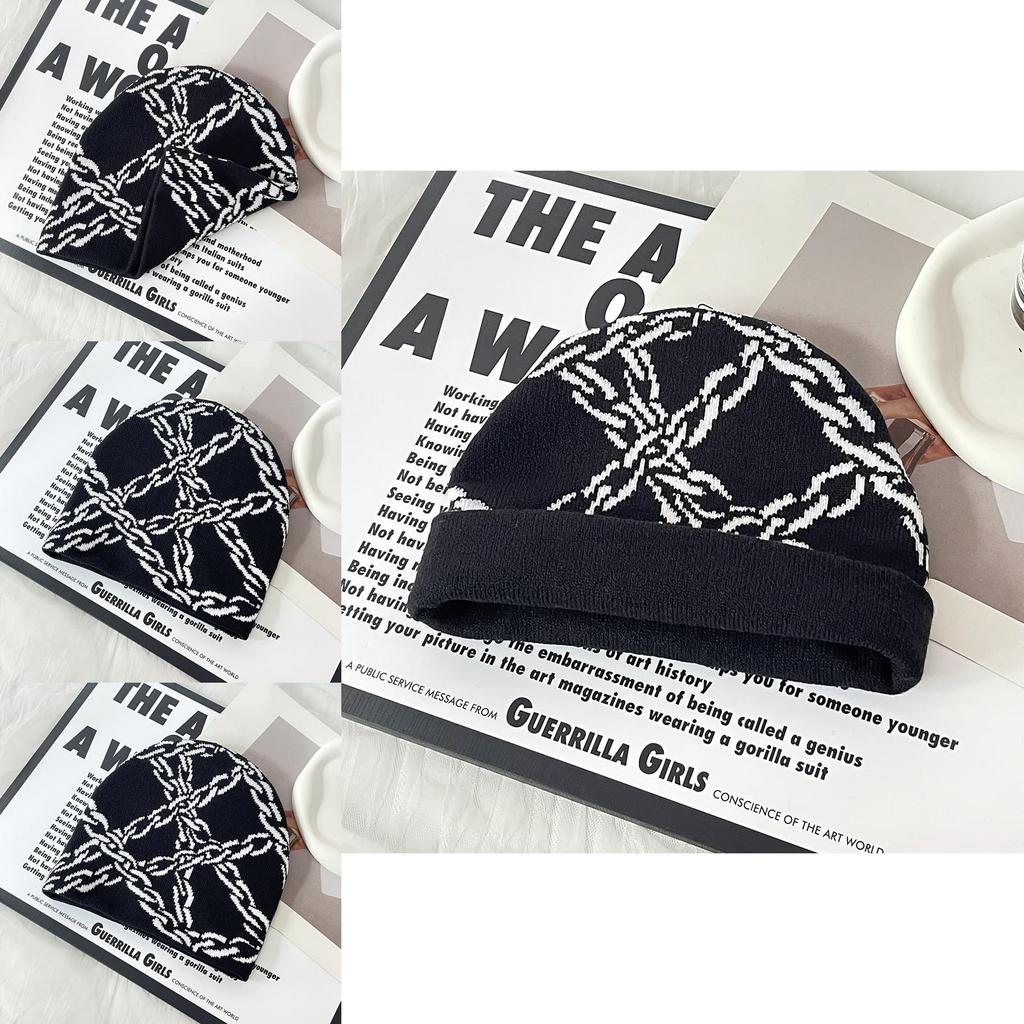 Y2k Goth Style Knit Hat With Chain Pattern For Streetwear And Hiphop Fans