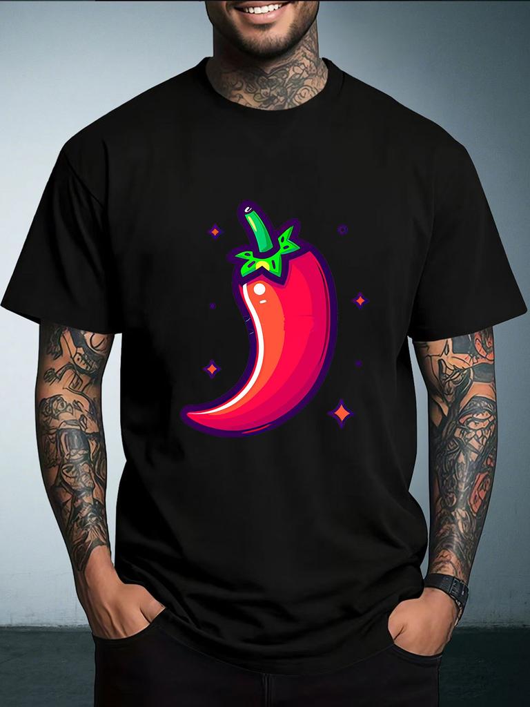 Unisex Summer White Short Sleeve Tee Cute Cartoon Red Chili Pepper Sparkle Graphic Crew Neck Loose Casual Male Daily Tops