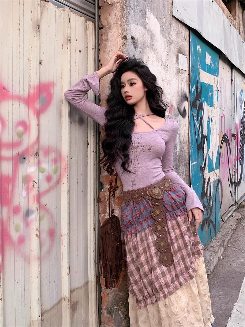 

Юбка в стиле бохо женская, сезонная, клетчатая, юбка-зонтик, юбка-шаль, высокая талия, средняя и длинная, А-образная юбка one size fits all фиолетовый