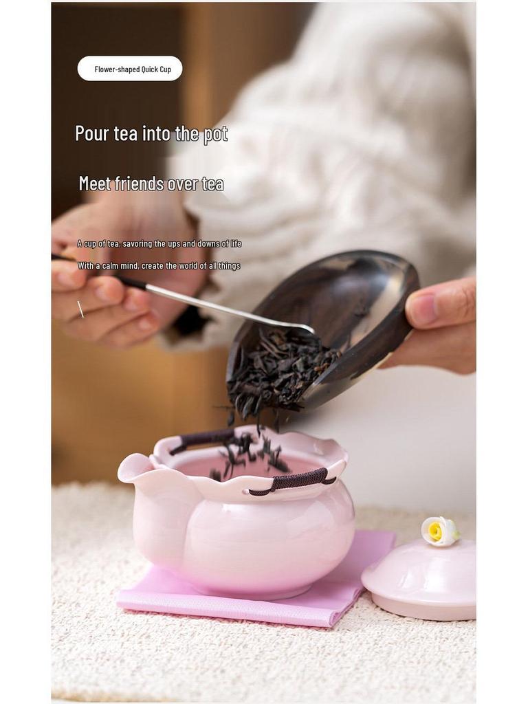 Portable Pink Flower Tea Set with Hand-Grip Pot: Home & Outdoor Quick-Brew Gongfu Set with Storage Bag