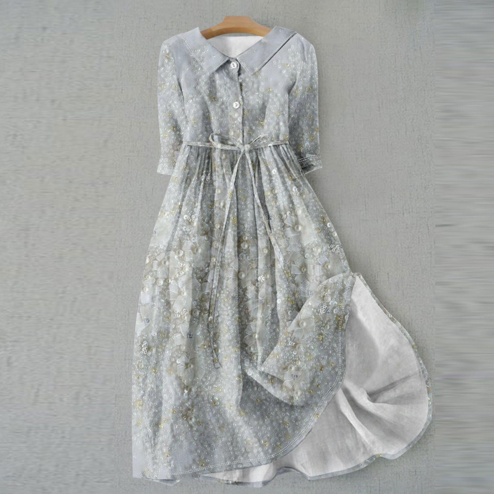 

Женское модное платье с откидным воротником и рукавами 3/4 с принтом L светло-серый