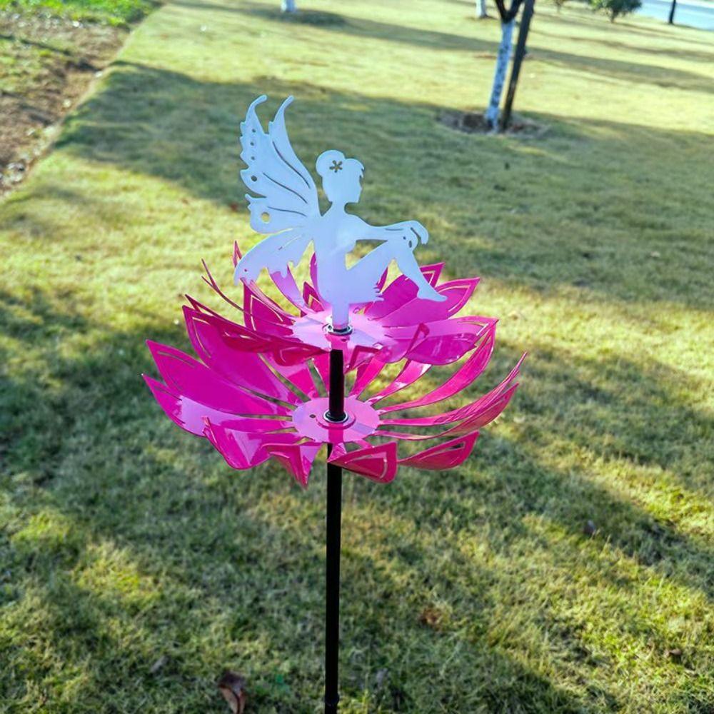 Iron Art Garden Flower Fairy Sculpture Rotating Metal Windmill Wind Spinner  Backyard