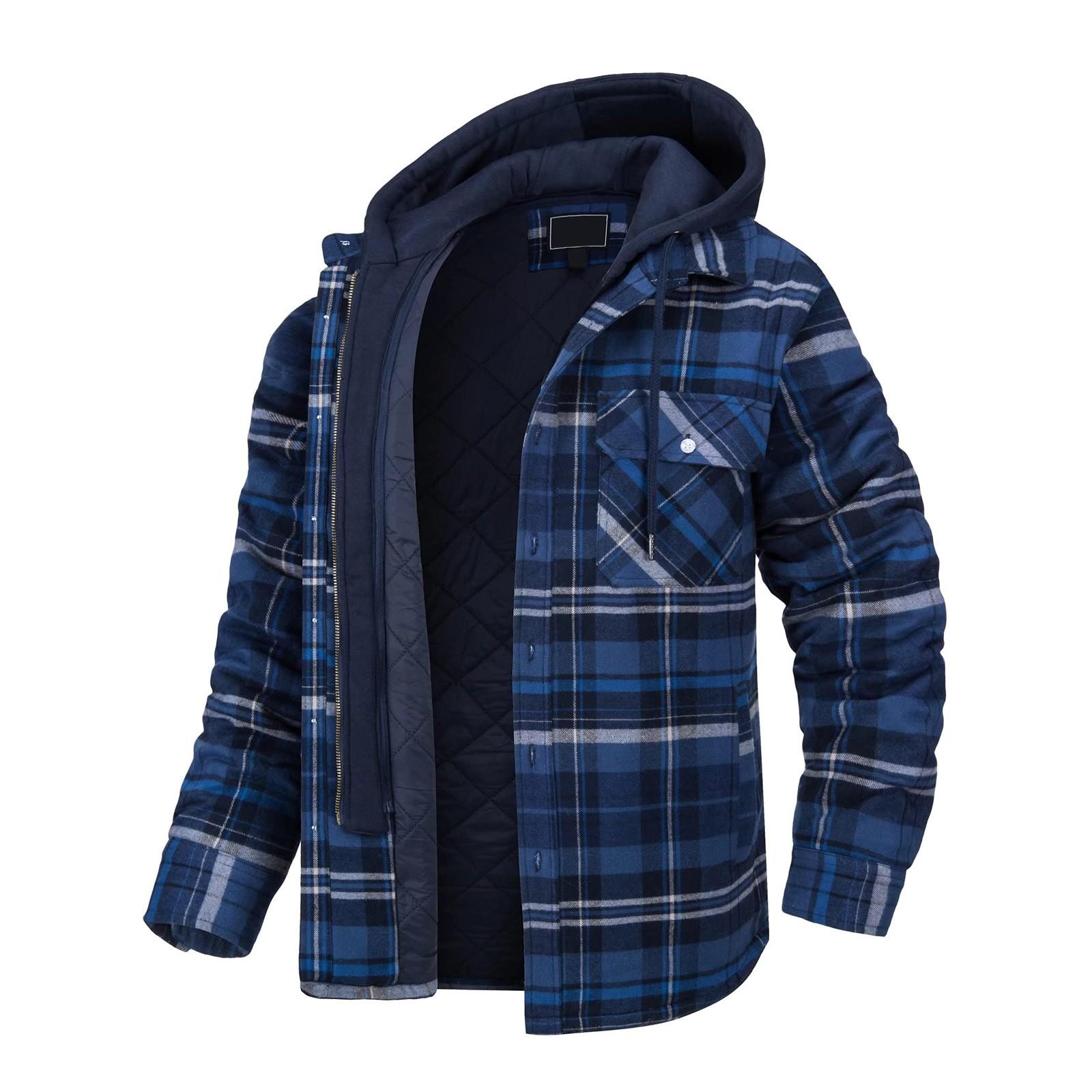Men s /Winter Long Sleeve Lapel Plaid Hooded Thickened Shirt Jacket XXXL тёмно-синий
