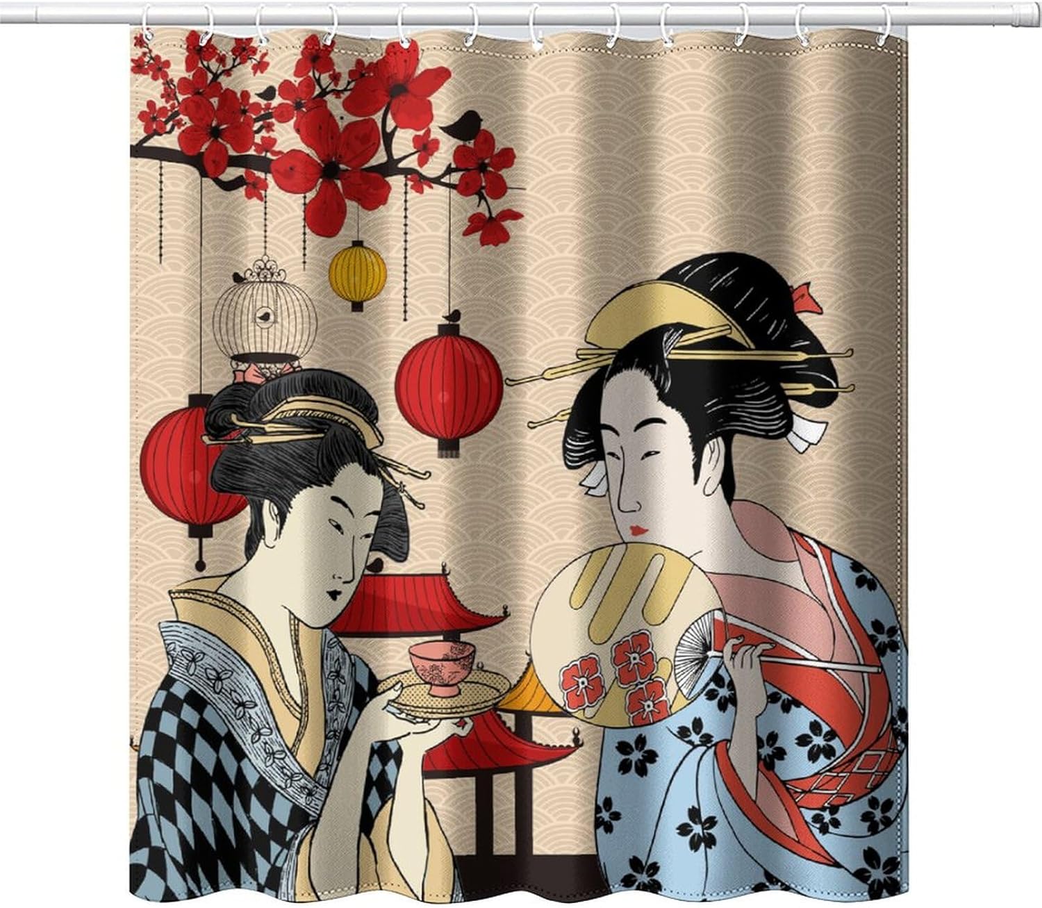 

Koi Fish Shower Curtain,Japanese Style Wave Pink Cherry Blossom Print Shower Curtain For Bathroom Decor Asia Oriental Theme W60H190(CM)-1 Pcs
