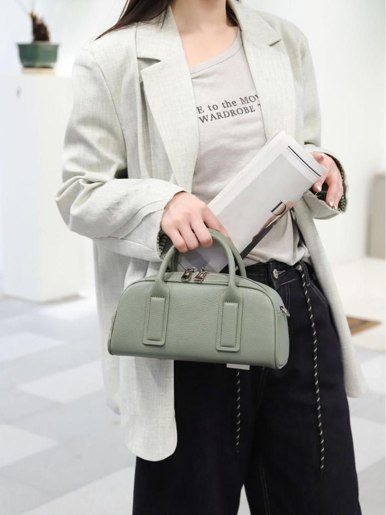 Women's Lightweight Genuine Leather Boston Pillow Bag - Luxury Retro Bowling Handbag & Casual Crossbody