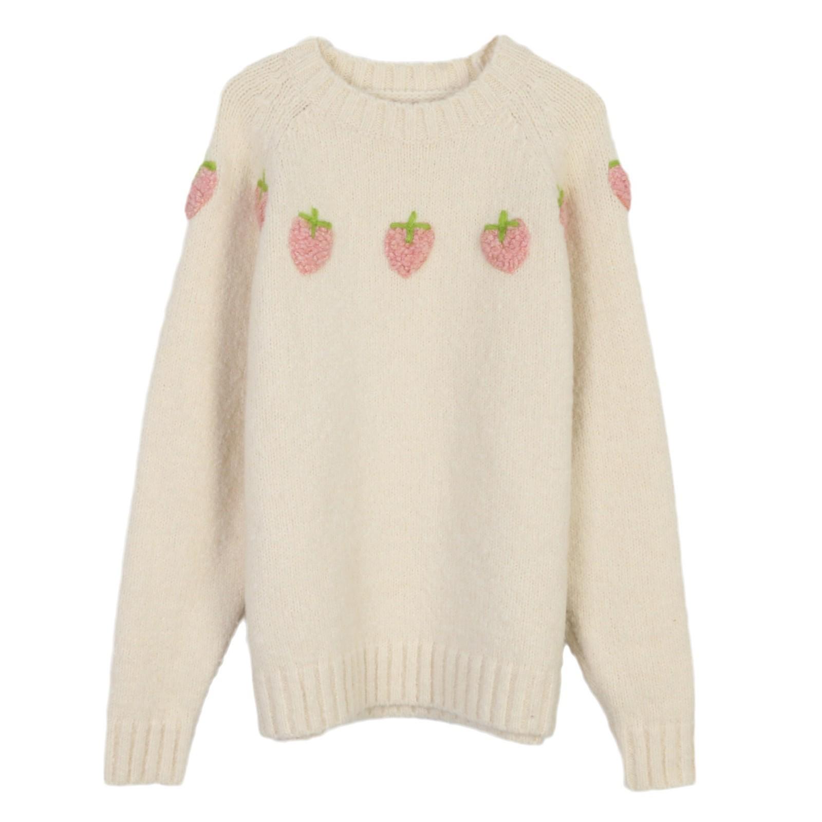

New European & American Winter Red Strawberry Crew Neck Pullover Sweater - Soft, Cozy, College Style Loose Knitwear for Women S