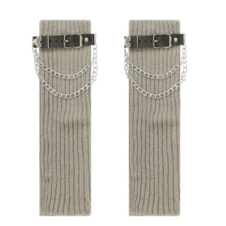 Stylish Ribbed Knitted Leg Warmers for Women Gothic Punk Boot Covers Socks with Heart Chain Leather Belt for Festivals
