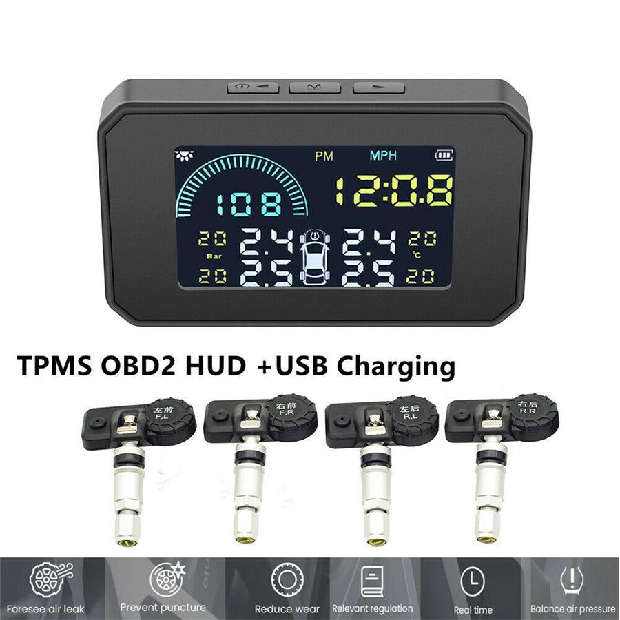 Wireless Car TPMS Tire Pressure Monitoring System Solar + USB Charging OBD2 Plug