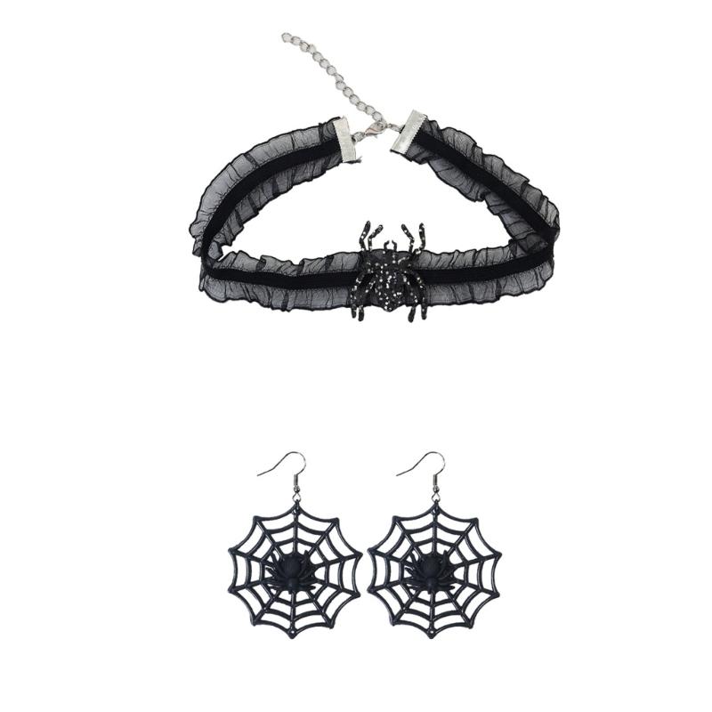 Spiders Web Poncho Dress Lace Gloves Earring Headband Stockings for Halloween Party Spiderweb Costume Accessories