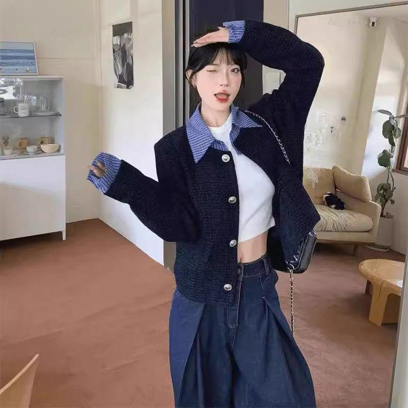2026 Autumn Korean Style Lapel Tweed Patchwork Jacket with Lining and Shoulder Pads L (57.5-65 kg)