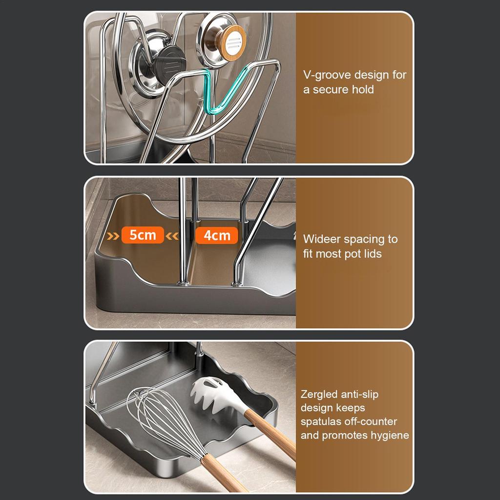 Pan Lid Organizer Double Layer Pot Lid Rack Non-slip Draining Pot Lid Organizer Large Capacity Kitchen Storage Rack with Tray