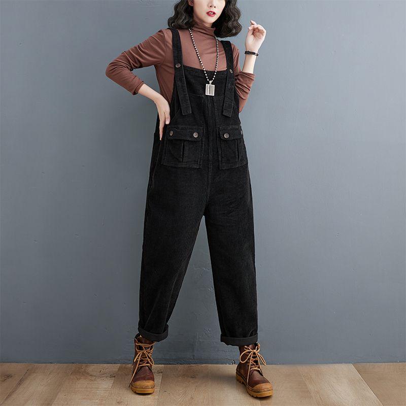 

Женский вельветовый комбинезон большого размера, осенне-зимние модели, ретро, дикий, свободный, повседневный, темпераментный, прямые брюки-комбинезон XXL чёрный