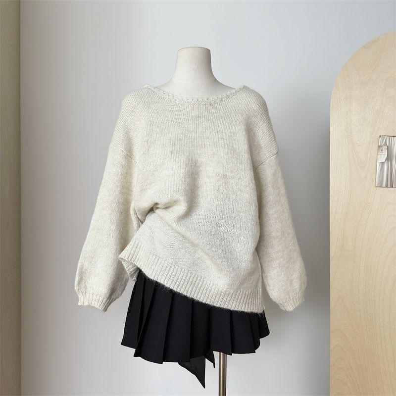 Rückenfreier Schleifen Grauer Alpaka-Wollpullover - Herbst Koreanischer Stil Slim Fit Pullover für Damen