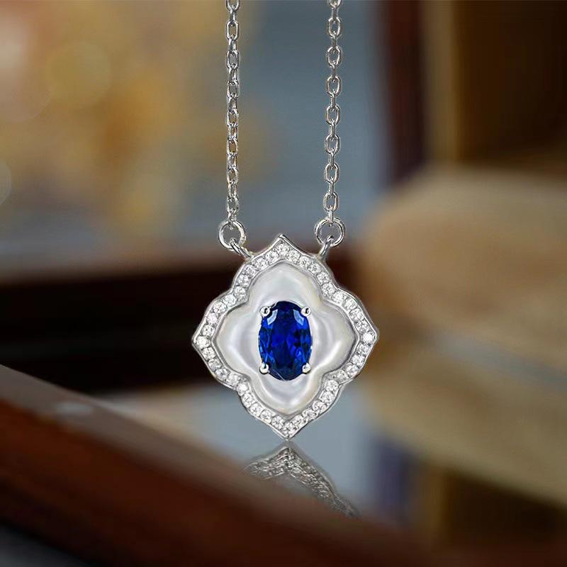 Lulu Tongzhu S925 Silver Necklace with White Mother-of-Pearl & Royal Blue Inlay 4x6mm Clavicle Chain Pendant for Women.