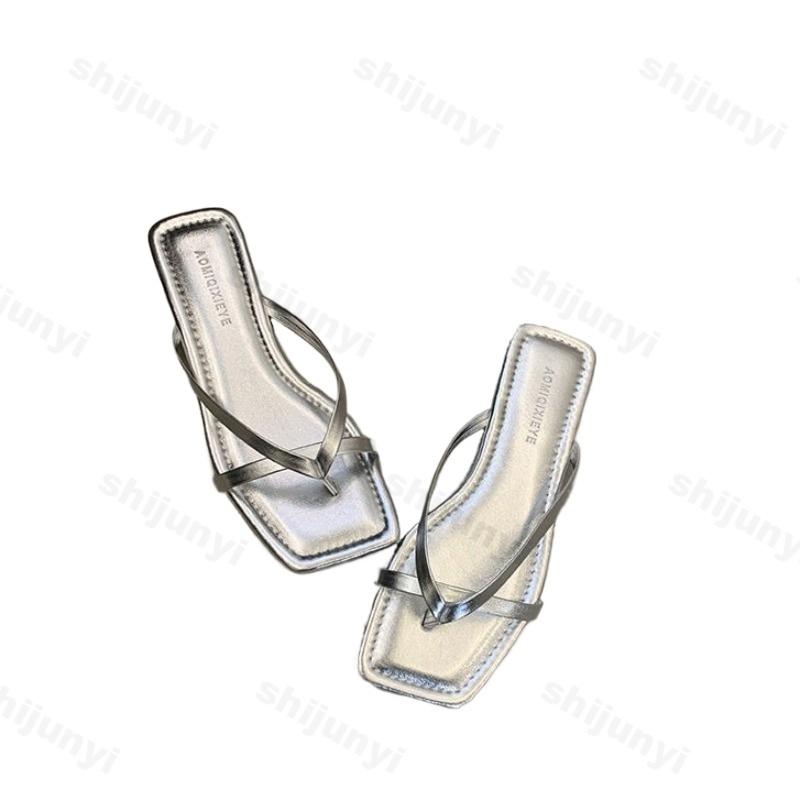 Mode Sommer Damen Hausschuhe 2025 Neue Mode Flache Zehensteg-Flip-Flops Outdoor Casual Rutschfest Strand Hausschuhe Damen Quadratische Zehensandalen