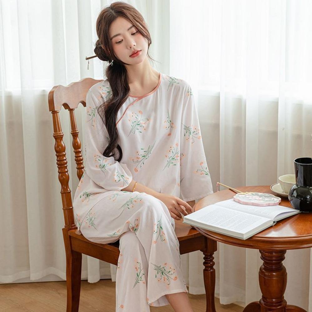 Neues Frühjahrs- und Herbst-Langarm-Pyjama-Set für Damen, Neuer Chinesischer Süßer Antiker Stil, Rundhals-Pullover, Studentenmädchen, Hauskleidungs-Set