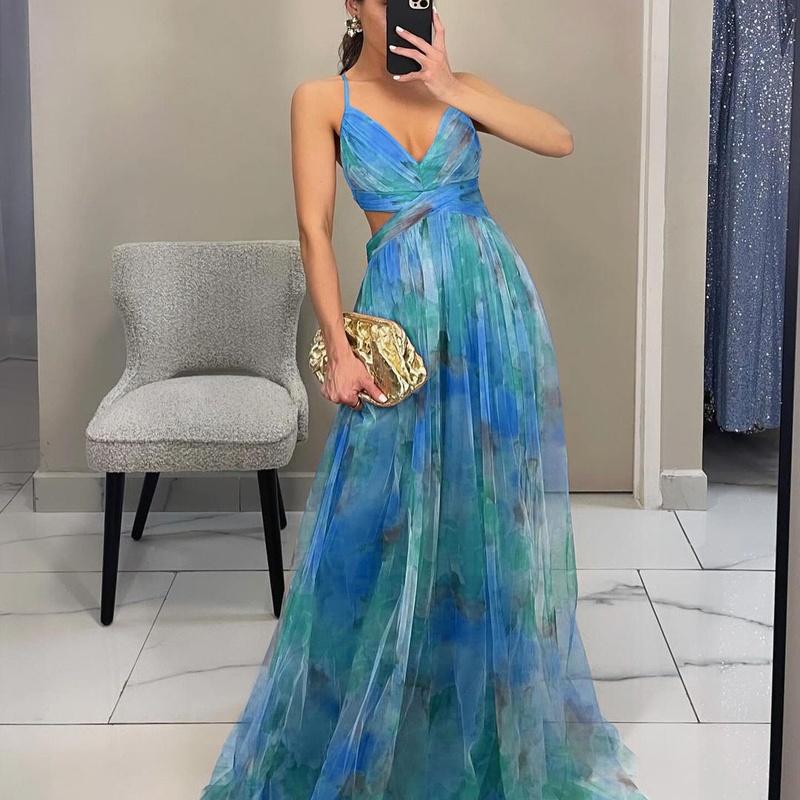European Style Spring and Summer Print Spaghetti Strap Maxi Dress INS Vacation Casual Party