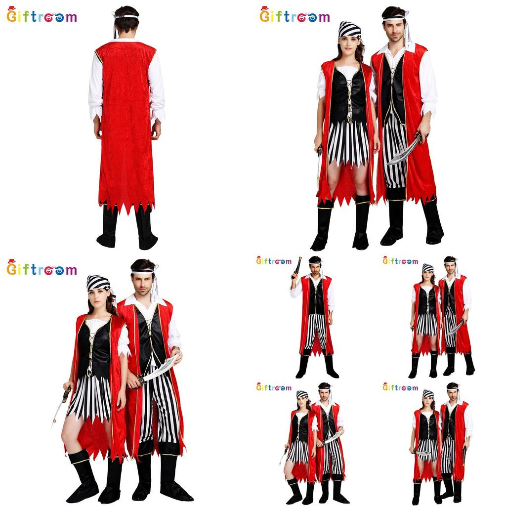 תחפושת פיראטים אלגנטית ומסוגננת לזוגות למסיבות ליל כל הקדושים עם גלימה אדומה
