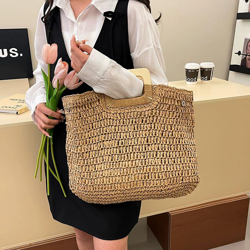 Elegant Female Square Shopper Totes Summer High-quality Straw Bag Women's Designer Large Capacity Handbag Woven Travel Beach Bag