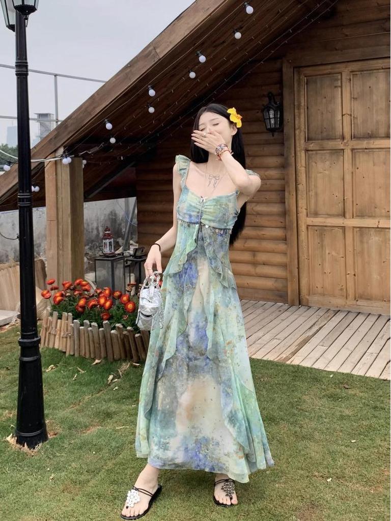 Women’s Summer Retro French Tie-Dye Spaghetti Strap Ruffle A-Line Maxi Dress