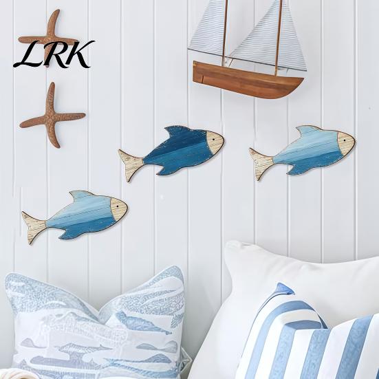 Nautical Home Decor 3Pcs Rustic Wooden Fish Wall Decor, Coastal Hanging Art, Handcrafted Sculptures Mediterranean Beach Themed Decoration for Bathroom