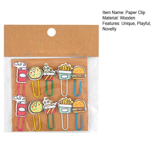 10Pcs Cartoon Wooden Paper Clips Set Cute Cat Food Shape Bookmark for Students Colorful Decorative Stationery for Journal Note
