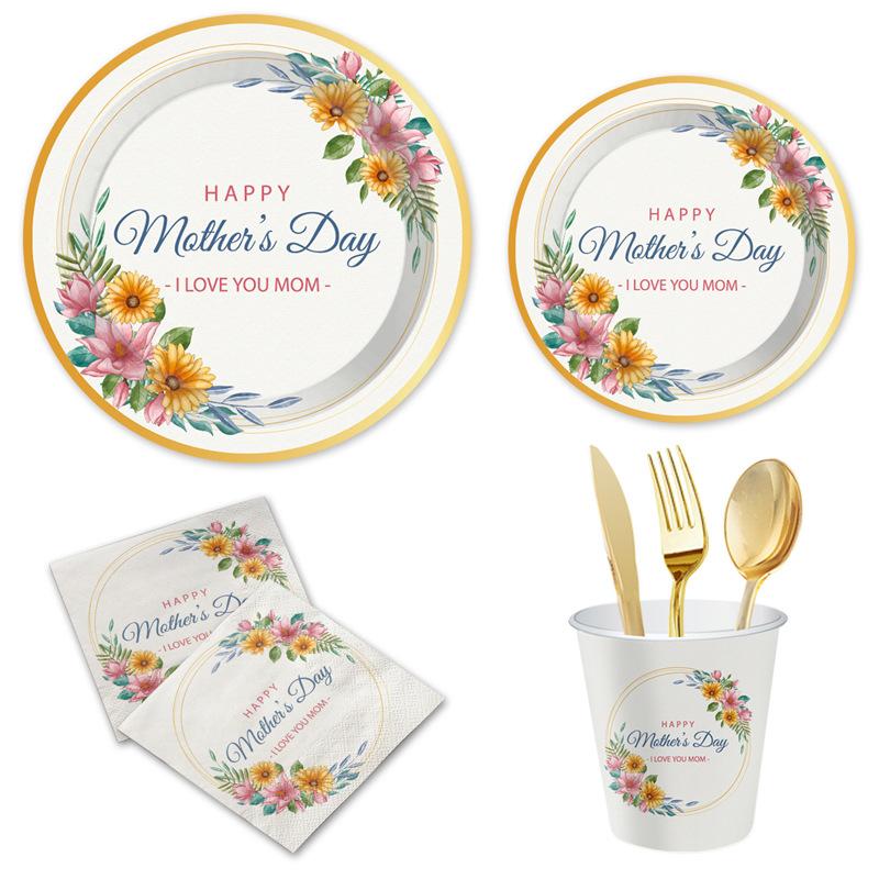 Mother'S Day Flower Theme Party Set Disposable Paper Plate Paper Cup Paper Towel Tableware Tablecloth Party Decoration