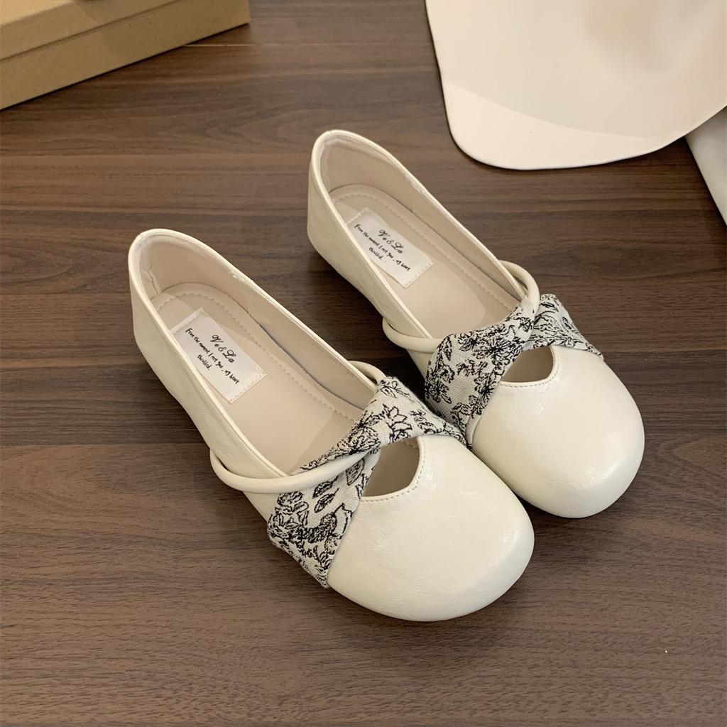 Retro Round Head Shallow Mouth Single Shoes Women's Spring New Ballet Mary Jane Shoes Casual Soft Leather Flat Bottom