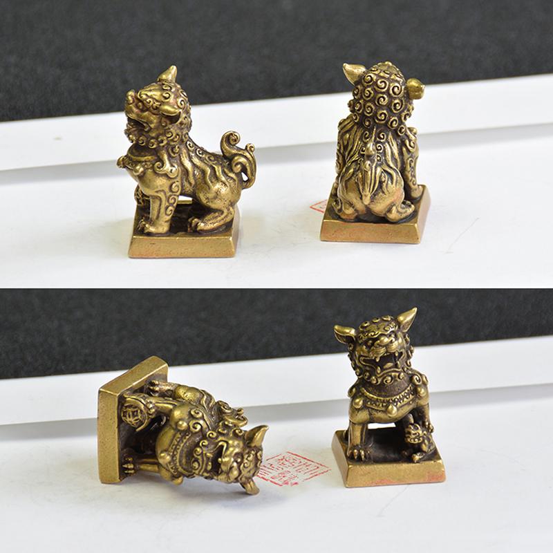 Antique Bronze 1 Pair Lions Seal Desktop Ornaments Copper Animal Miniature Figurine Lucky Brass Lion Statue Feng Shui Decoration