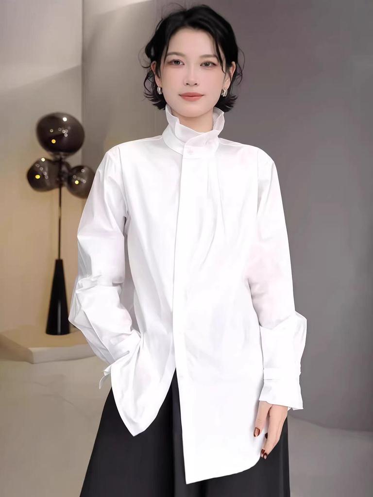 Women's Blue Long Sleeve French Wood Ear Edge Stand Collar Shirt - 2026 Spring/Autumn Chic Loose Fit