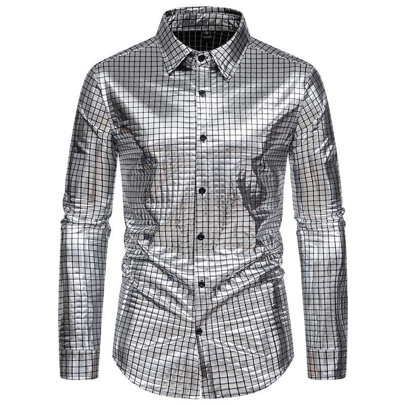 

Grid Pattern Long Sleeved Shirt Men Standing Collar Clothing Banquet Fashion M серебряный