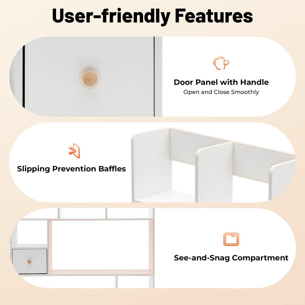 Desktop Bookshelf 9-Tier Storage Shelf, Modern White MDF Bookcase Organizer with Doors for Office,Study,Living Room,Holds 22lbs