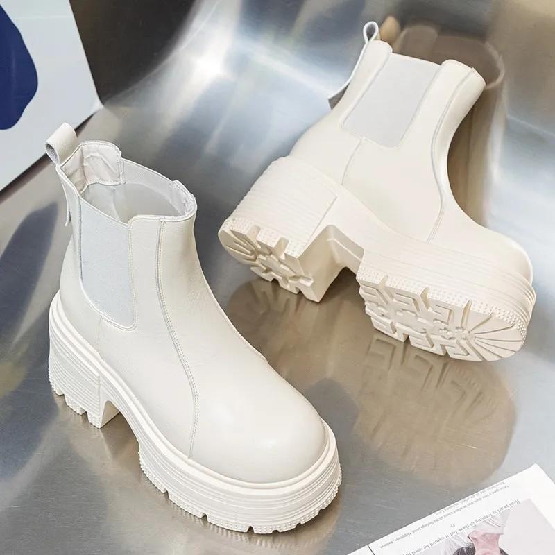 9cm Ultra-high Heels Women's Platform Boots British Style Women Chelsea Boots High Quality Leather Plush Women Ankle Boots Botas