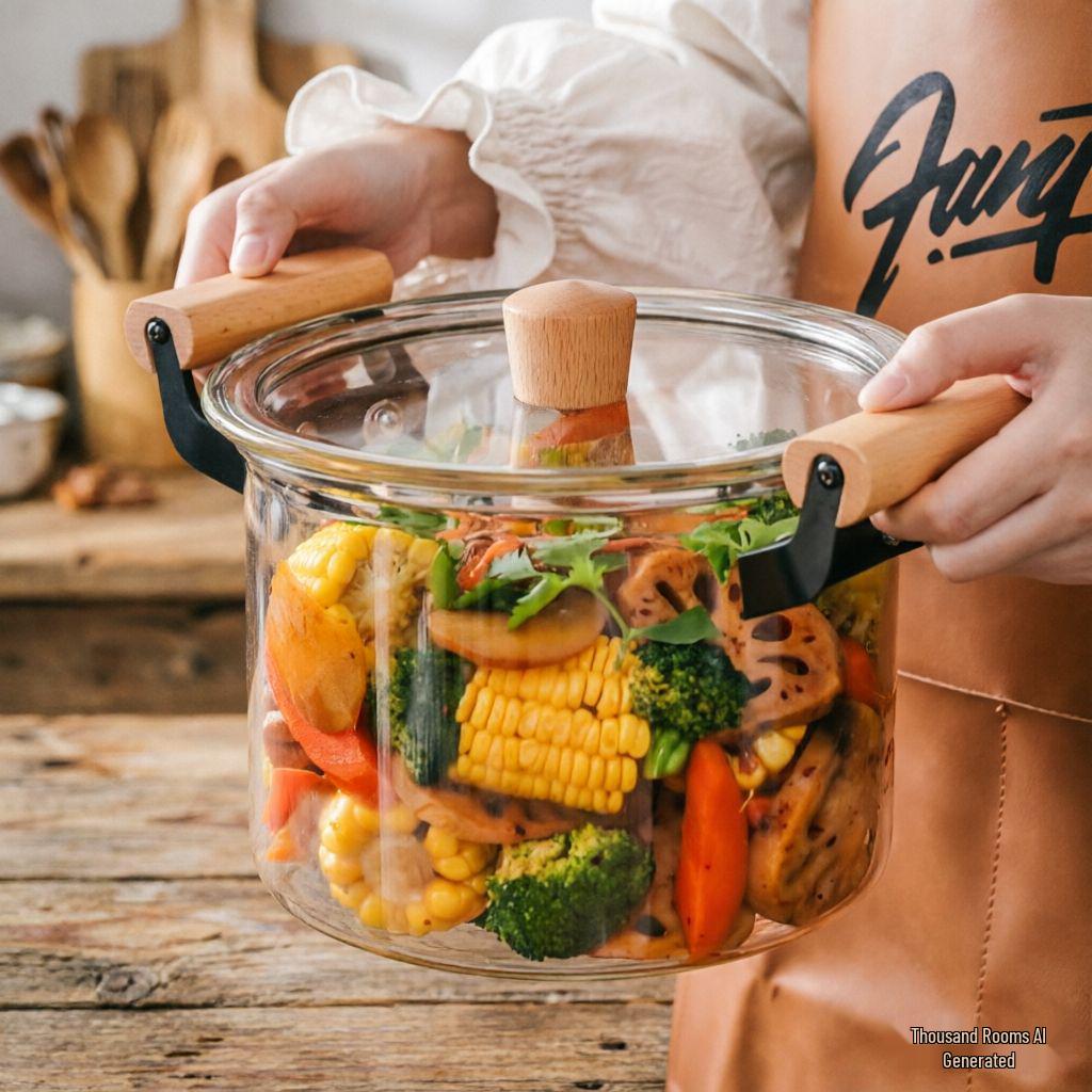 High Borosilicate Glass Soup Pot with Lid for Electric Stoves, Transparent Double Ear, Wood Handle.